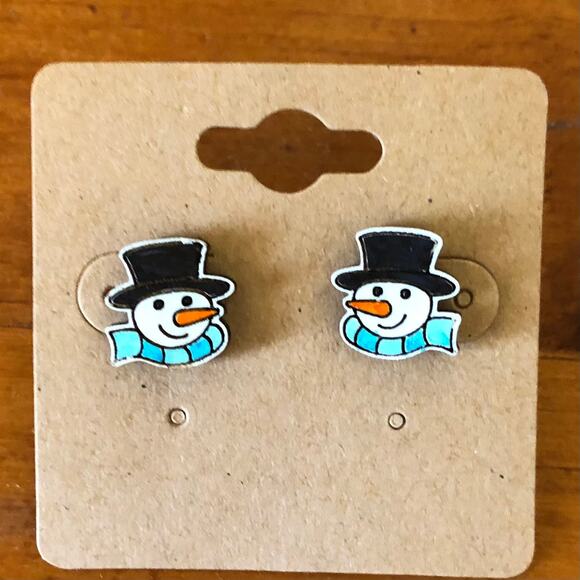 Snowman Scarf Carrot Nose Stud Earrings - Hand Painted Wood, Hypoallergenic - Picture 1 of 4